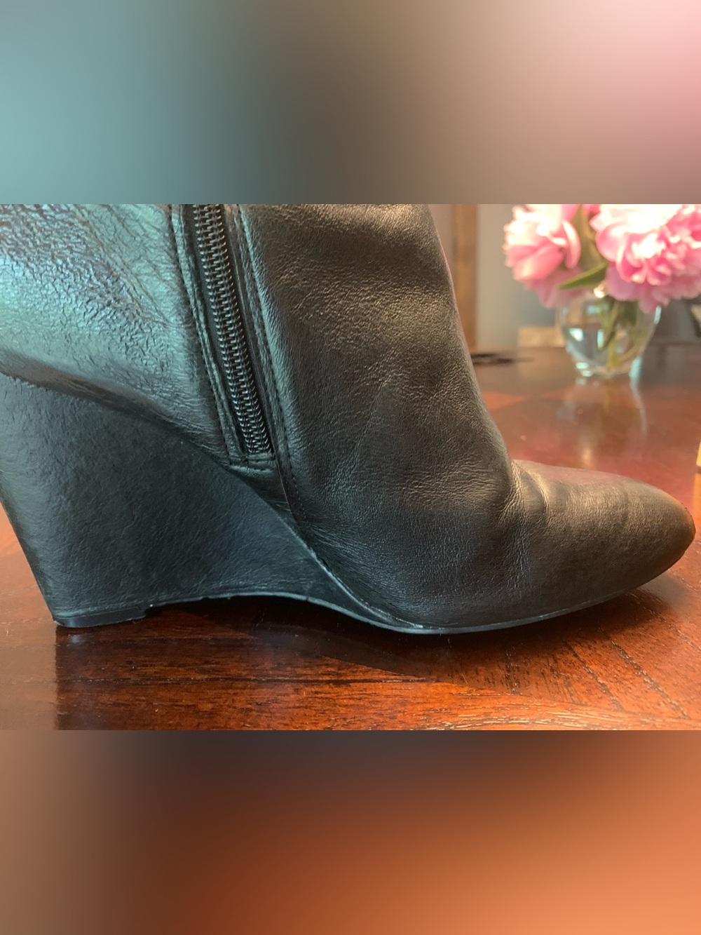 Black Leather Knee-High Wedge Boots - Women - Picture 5 of 8